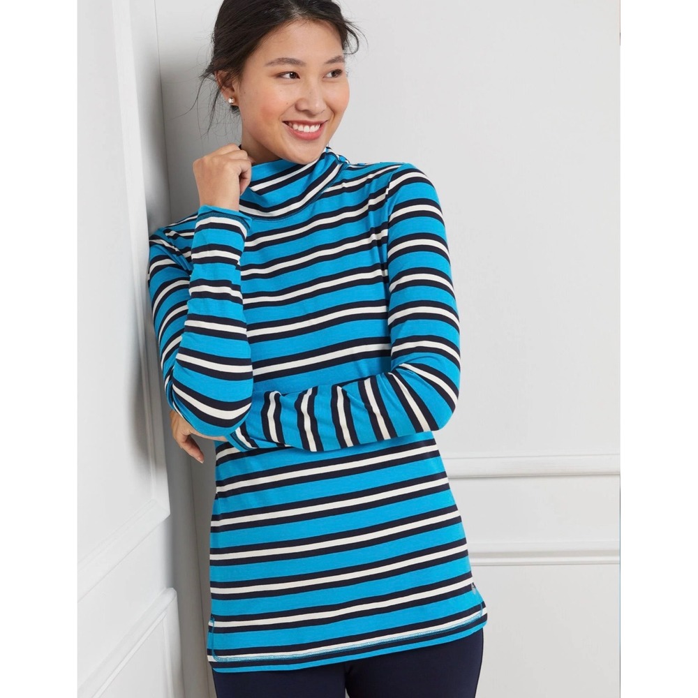 TALBOTS Polar Stripe Snap Detail Turtleneck XS Blue NEW Comfort Casual Cotton